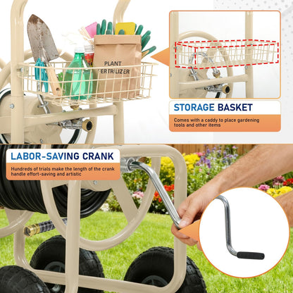 Garden Hose Reel Cart, Water Hose Cart with 4 Wheels, Hold Up to 300 ft of 5/8’’ Hose，Heavy Duty Powder-Coated Steel Planting with Storage Basket, for Garden, Yard and Lawn