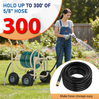 Garden Hose Reel Cart, Water Hose Cart with 4 Wheels, Hold Up to 300 ft of 5/8’’ Hose，Heavy Duty Powder-Coated Steel Planting with Storage Basket, for Garden, Yard and Lawn