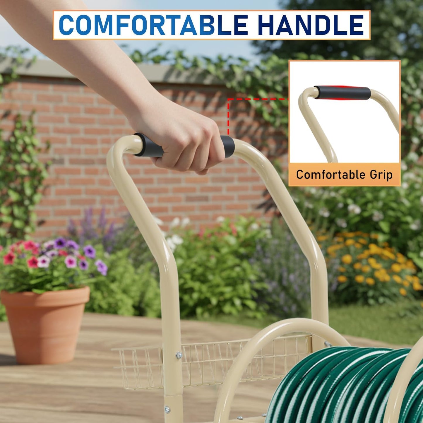 Garden Hose Reel Cart, Water Hose Cart with 4 Wheels, Hold Up to 300 ft of 5/8’’ Hose，Heavy Duty Powder-Coated Steel Planting with Storage Basket, for Garden, Yard and Lawn