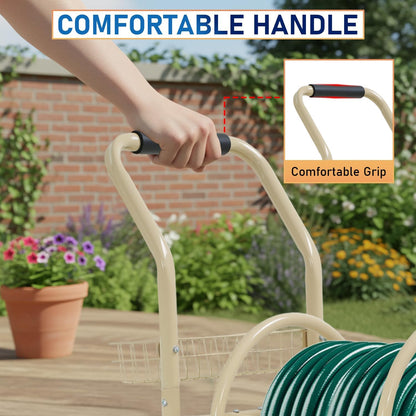 Garden Hose Reel Cart, Water Hose Cart with 4 Wheels, Hold Up to 300 ft of 5/8’’ Hose，Heavy Duty Powder-Coated Steel Planting with Storage Basket, for Garden, Yard and Lawn