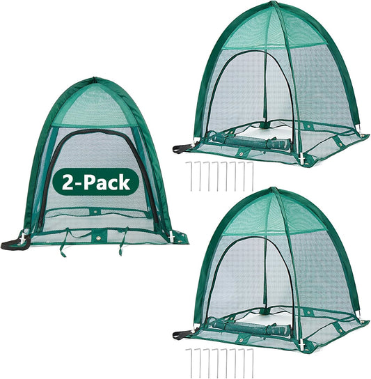 2 Pack Pop up Plant Cover, Garden Netting for Raised Beds, Crop Cage, Blueberry Bush Netting Cover with Metal Spikes Protect Plants Against Birds, Small Animals and Direct Sunlight - 28" x 28" x 30"