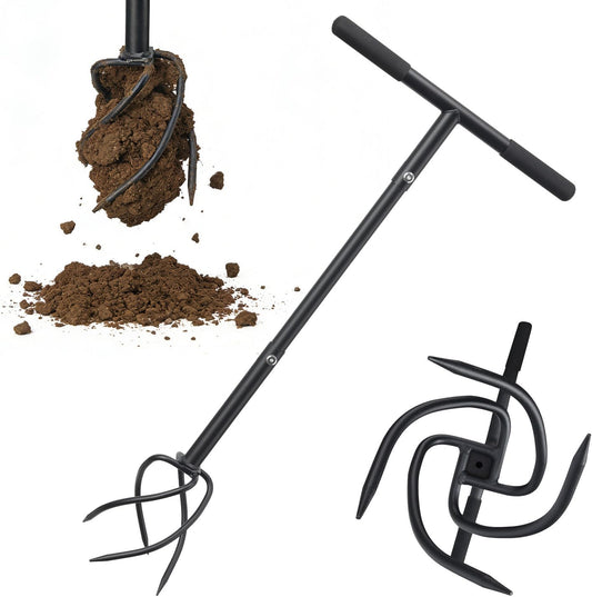 Hand Tiller for Gardening, Manual Garden Claw Cultivator with 4 Sharp Curved Steel Tines, Twist Tiller Soil Loosener, Rotary Handheld Tiller for Yard Lawn Weeding