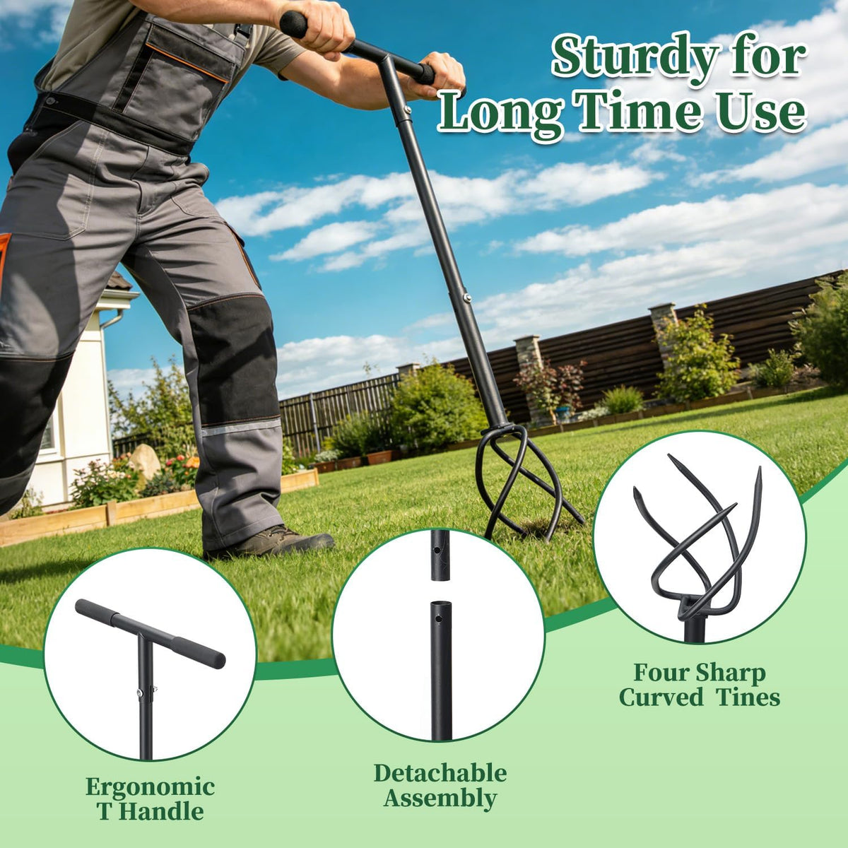 Hand Tiller for Gardening, Manual Garden Claw Cultivator with 4 Sharp Curved Steel Tines, Twist Tiller Soil Loosener, Rotary Handheld Tiller for Yard Lawn Weeding