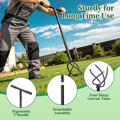 Hand Tiller for Gardening, Manual Garden Claw Cultivator with 4 Sharp Curved Steel Tines, Twist Tiller Soil Loosener, Rotary Handheld Tiller for Yard Lawn Weeding