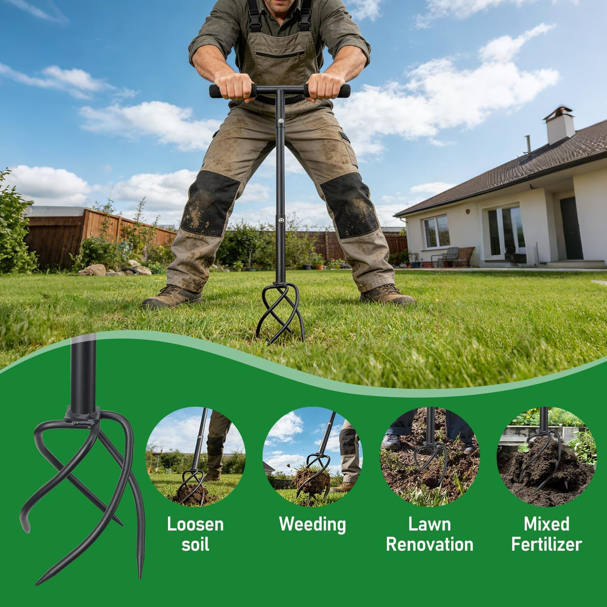 Hand Tiller for Gardening, Manual Garden Claw Cultivator with 4 Sharp Curved Steel Tines, Twist Tiller Soil Loosener, Rotary Handheld Tiller for Yard Lawn Weeding