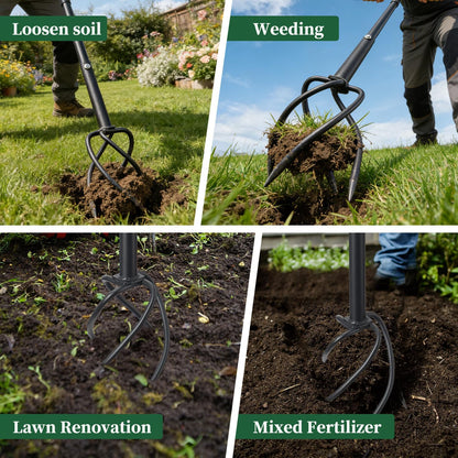 Hand Tiller for Gardening, Manual Garden Claw Cultivator with 4 Sharp Curved Steel Tines, Twist Tiller Soil Loosener, Rotary Handheld Tiller for Yard Lawn Weeding