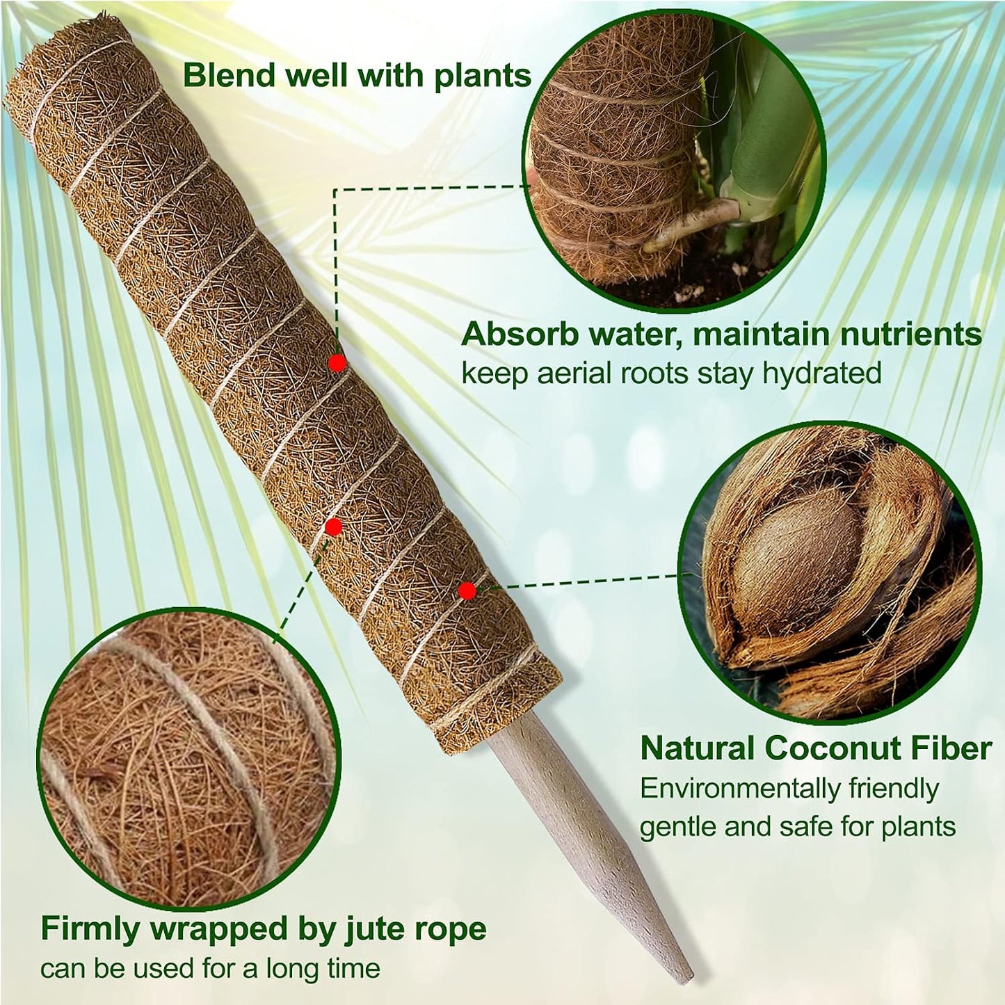 Moss Pole 47.5 Inch - Monstera Plant Support, 4 Packs 16 Inch Plant Stakes for Indoor Plants Coco Coir Moss Pole Sticks for Climbing Potted Live Plants, Pothos, Philodendron, with Garden Ties