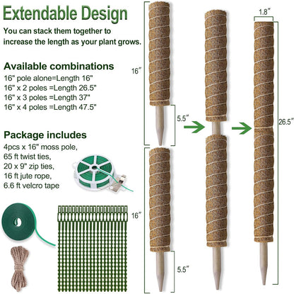 Moss Pole 47.5 Inch - Monstera Plant Support, 4 Packs 16 Inch Plant Stakes for Indoor Plants Coco Coir Moss Pole Sticks for Climbing Potted Live Plants, Pothos, Philodendron, with Garden Ties
