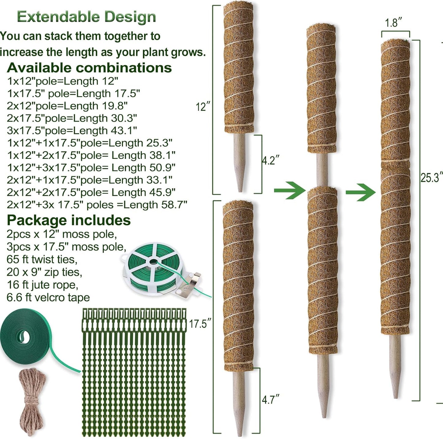 Moss Pole 47.5 Inch - Monstera Plant Support, 4 Packs 16 Inch Plant Stakes for Indoor Plants Coco Coir Moss Pole Sticks for Climbing Potted Live Plants, Pothos, Philodendron, with Garden Ties
