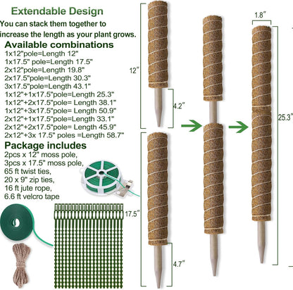 Moss Pole 47.5 Inch - Monstera Plant Support, 4 Packs 16 Inch Plant Stakes for Indoor Plants Coco Coir Moss Pole Sticks for Climbing Potted Live Plants, Pothos, Philodendron, with Garden Ties