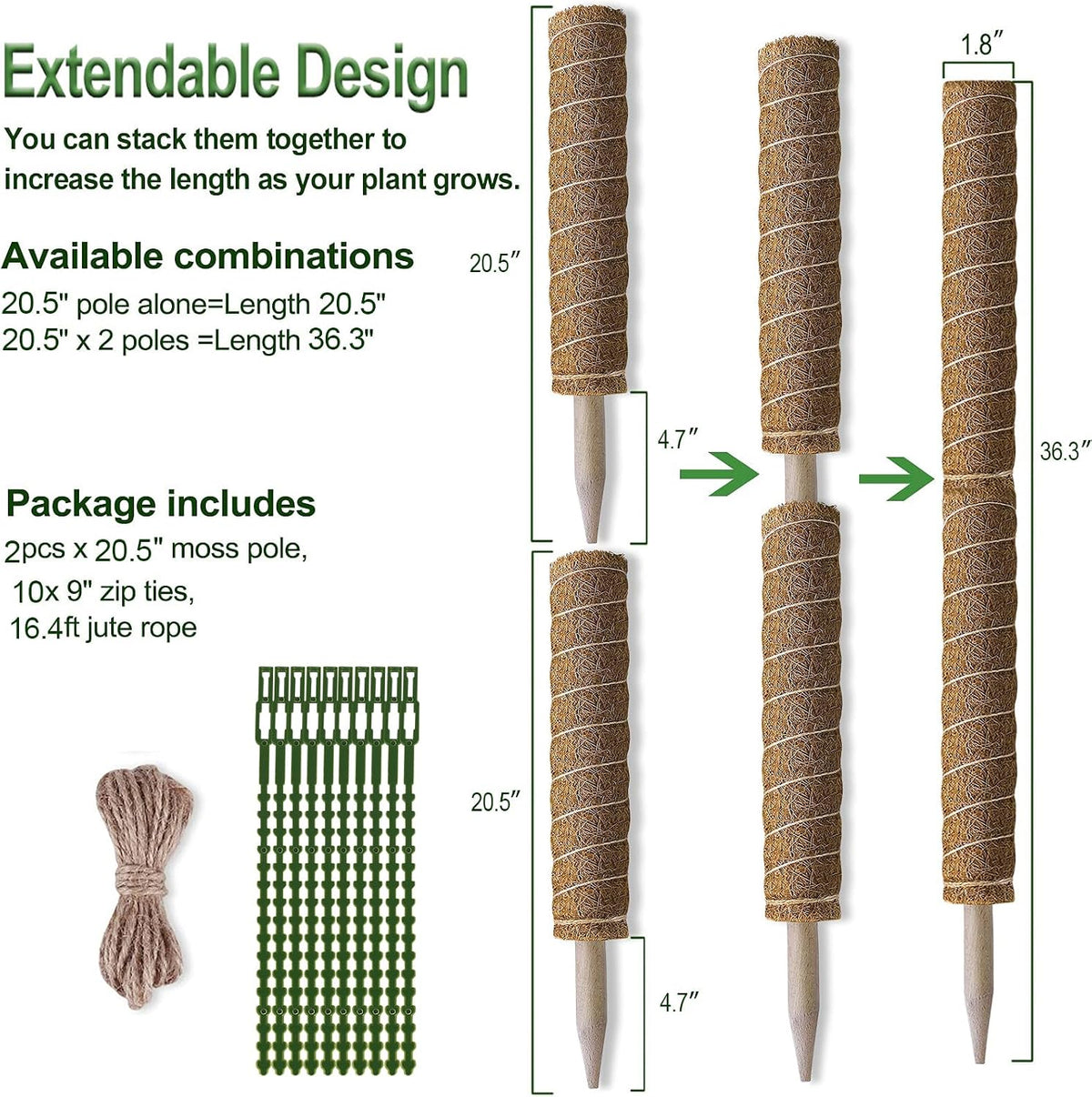Moss Pole 47.5 Inch - Monstera Plant Support, 4 Packs 16 Inch Plant Stakes for Indoor Plants Coco Coir Moss Pole Sticks for Climbing Potted Live Plants, Pothos, Philodendron, with Garden Ties