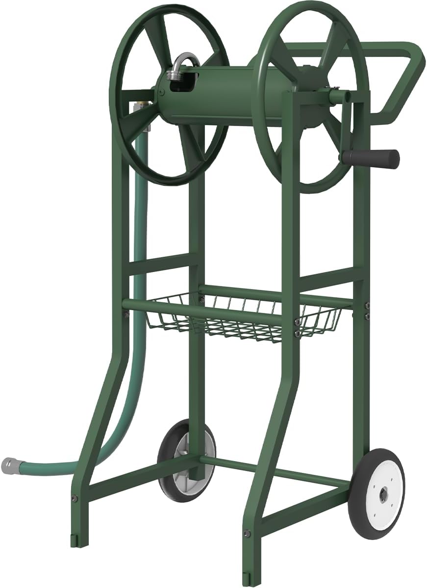 Garden Hose Reel Cart with Wheels, Outdoor Heavy Duty Powder Coated Steel Water Winder Storage Holds 125 ft 5/8" Hose with 3.9ft Leader Hose and Basket for Backyard, Yard, Lawn, Green