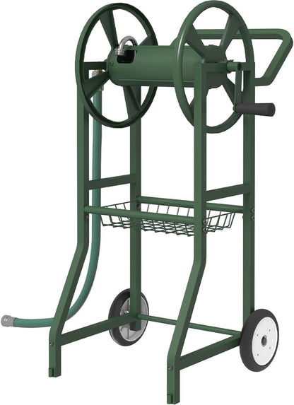 Garden Hose Reel Cart with Wheels, Outdoor Heavy Duty Powder Coated Steel Water Winder Storage Holds 125 ft 5/8" Hose with 3.9ft Leader Hose and Basket for Backyard, Yard, Lawn, Green