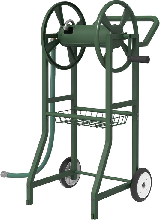 Garden Hose Reel Cart with Wheels, Outdoor Heavy Duty Powder Coated Steel Water Winder Storage Holds 125 ft 5/8" Hose with 3.9ft Leader Hose and Basket for Backyard, Yard, Lawn, Green