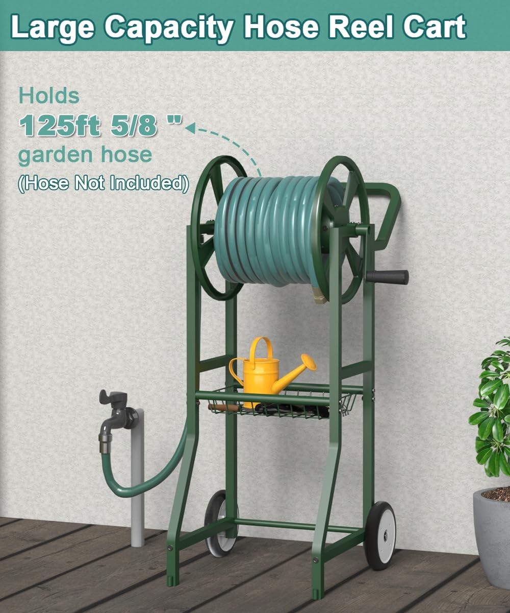 Garden Hose Reel Cart with Wheels, Outdoor Heavy Duty Powder Coated Steel Water Winder Storage Holds 125 ft 5/8" Hose with 3.9ft Leader Hose and Basket for Backyard, Yard, Lawn, Green