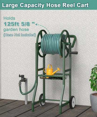 Garden Hose Reel Cart with Wheels, Outdoor Heavy Duty Powder Coated Steel Water Winder Storage Holds 125 ft 5/8" Hose with 3.9ft Leader Hose and Basket for Backyard, Yard, Lawn, Green