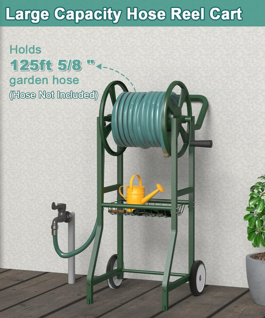 Garden Hose Reel Cart with Wheels, Outdoor Heavy Duty Powder Coated Steel Water Winder Storage Holds 125 ft 5/8" Hose with 3.9ft Leader Hose and Basket for Backyard, Yard, Lawn, Green