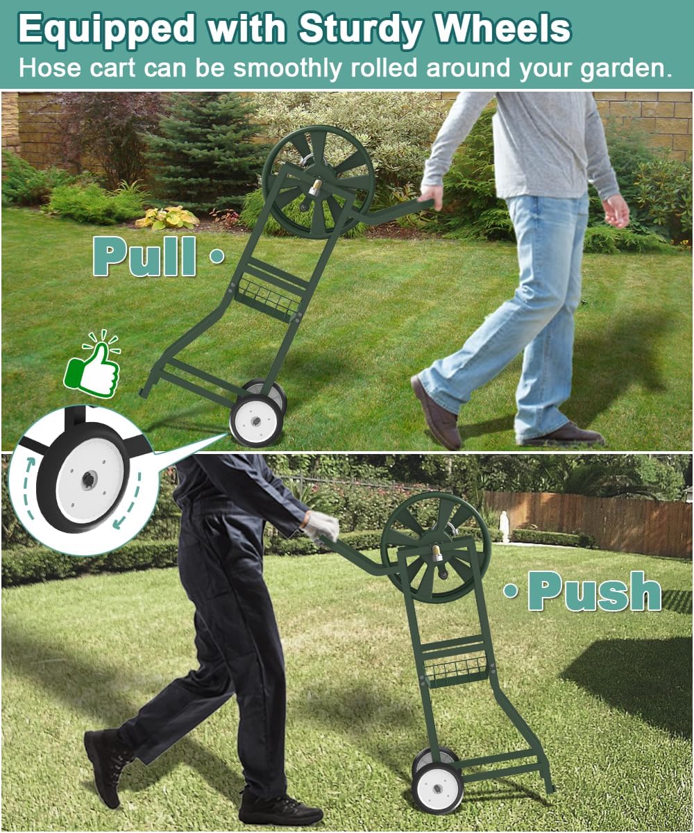 Garden Hose Reel Cart with Wheels, Outdoor Heavy Duty Powder Coated Steel Water Winder Storage Holds 125 ft 5/8" Hose with 3.9ft Leader Hose and Basket for Backyard, Yard, Lawn, Green