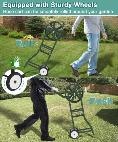 Garden Hose Reel Cart with Wheels, Outdoor Heavy Duty Powder Coated Steel Water Winder Storage Holds 125 ft 5/8" Hose with 3.9ft Leader Hose and Basket for Backyard, Yard, Lawn, Green