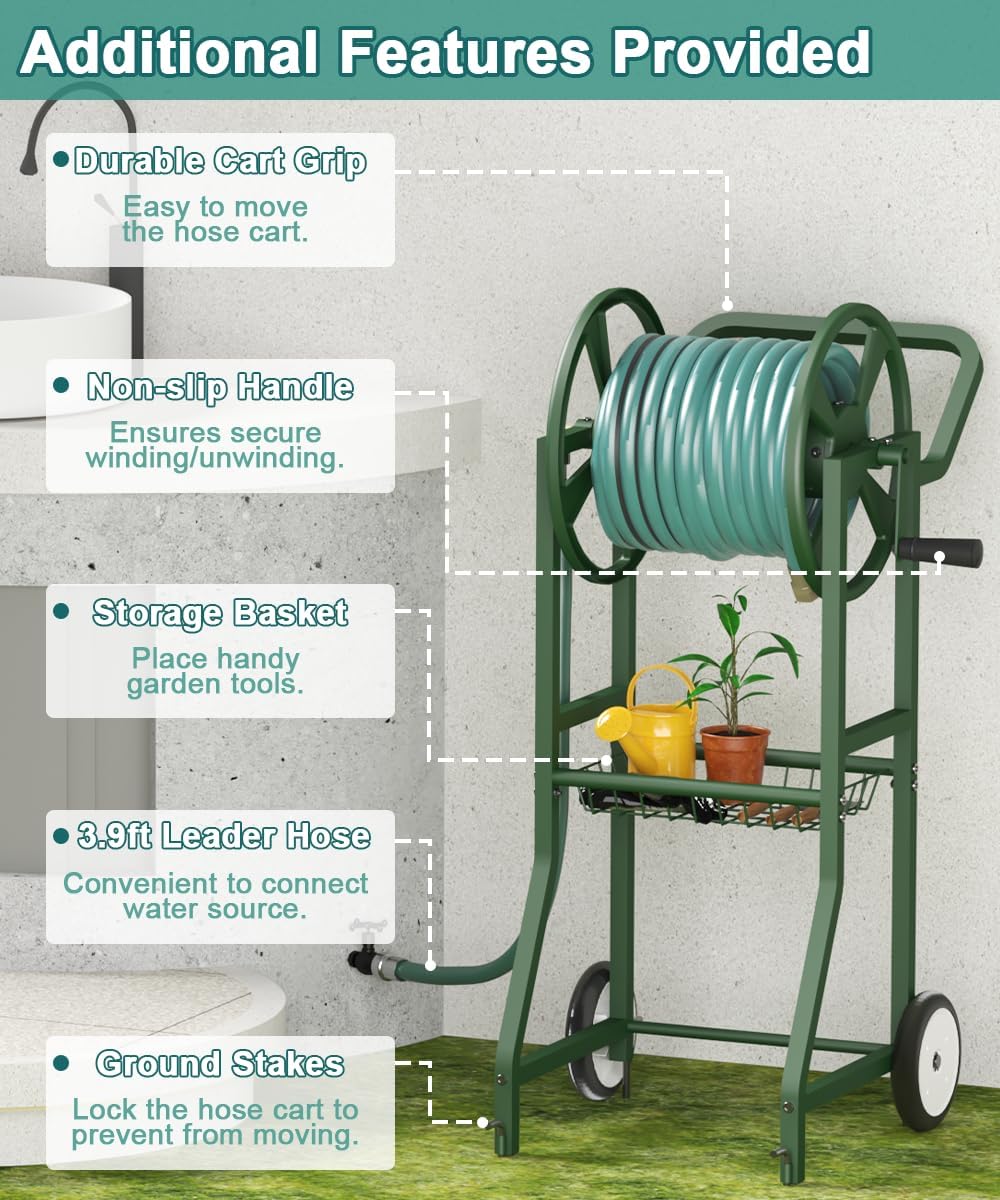 Garden Hose Reel Cart with Wheels, Outdoor Heavy Duty Powder Coated Steel Water Winder Storage Holds 125 ft 5/8" Hose with 3.9ft Leader Hose and Basket for Backyard, Yard, Lawn, Green