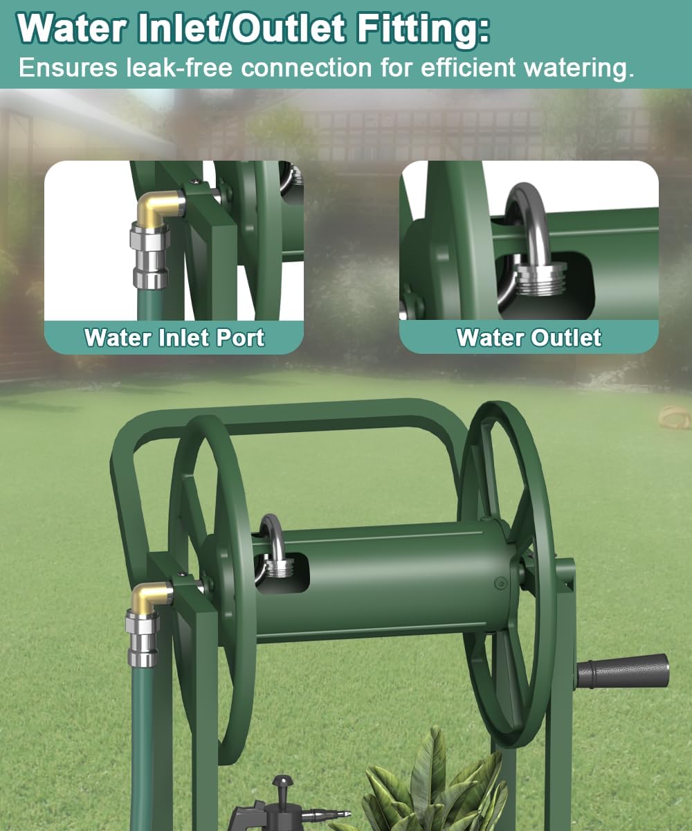 Garden Hose Reel Cart with Wheels, Outdoor Heavy Duty Powder Coated Steel Water Winder Storage Holds 125 ft 5/8" Hose with 3.9ft Leader Hose and Basket for Backyard, Yard, Lawn, Green