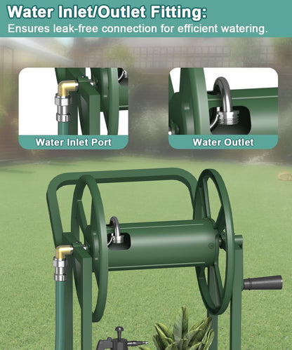 Garden Hose Reel Cart with Wheels, Outdoor Heavy Duty Powder Coated Steel Water Winder Storage Holds 125 ft 5/8" Hose with 3.9ft Leader Hose and Basket for Backyard, Yard, Lawn, Green