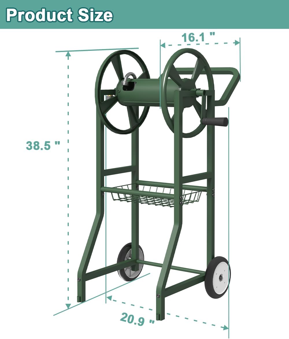 Garden Hose Reel Cart with Wheels, Outdoor Heavy Duty Powder Coated Steel Water Winder Storage Holds 125 ft 5/8" Hose with 3.9ft Leader Hose and Basket for Backyard, Yard, Lawn, Green