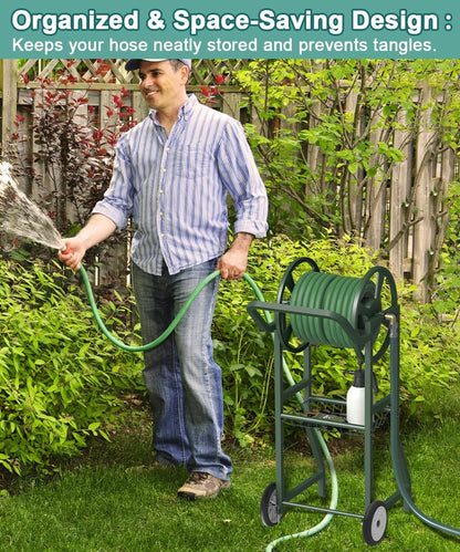 Garden Hose Reel Cart with Wheels, Outdoor Heavy Duty Powder Coated Steel Water Winder Storage Holds 125 ft 5/8" Hose with 3.9ft Leader Hose and Basket for Backyard, Yard, Lawn, Green