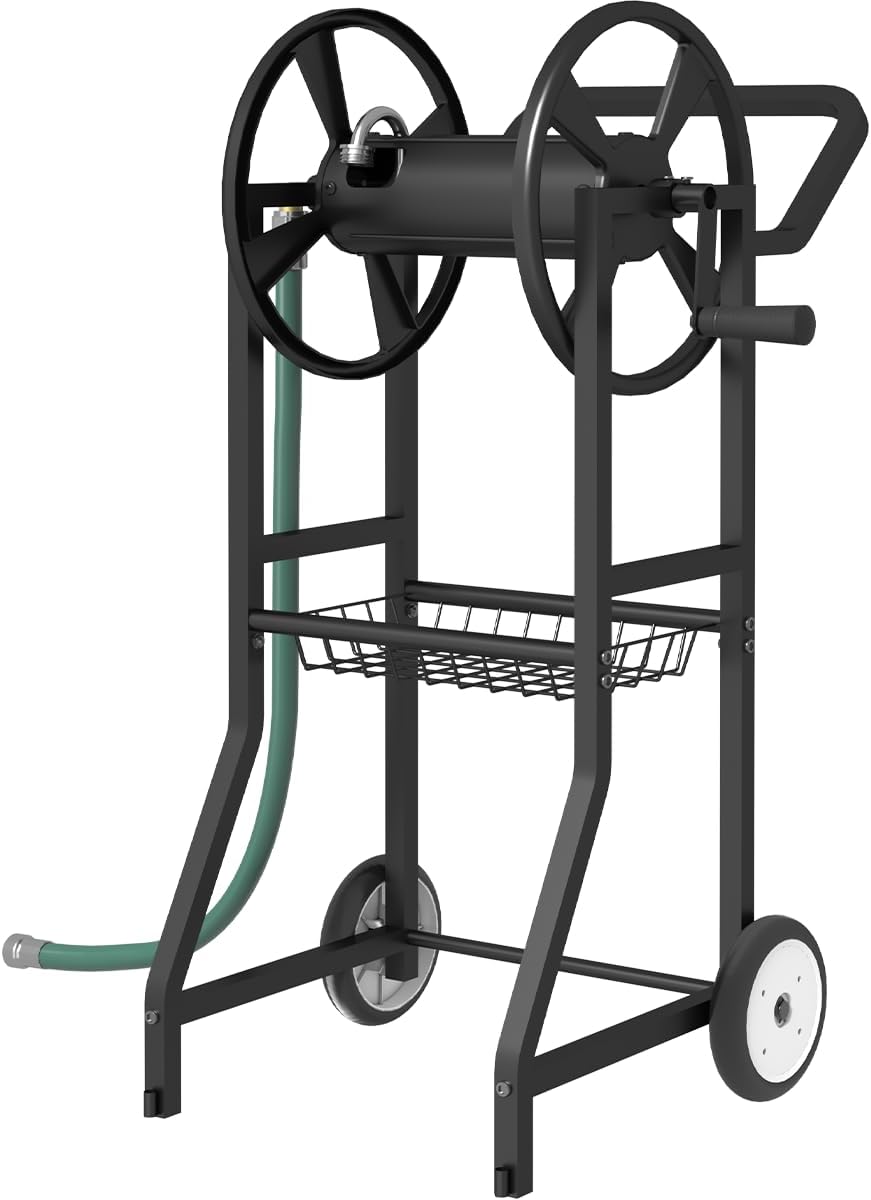 Garden Hose Reel Cart with Wheels, Outdoor Heavy Duty Powder Coated Steel Water Winder Storage Holds 125 ft 5/8" Hose with 3.9ft Leader Hose and Basket for Backyard, Yard, Lawn, Green
