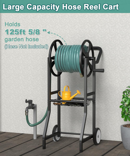 Garden Hose Reel Cart with Wheels, Outdoor Heavy Duty Powder Coated Steel Water Winder Storage Holds 125 ft 5/8" Hose with 3.9ft Leader Hose and Basket for Backyard, Yard, Lawn, Green