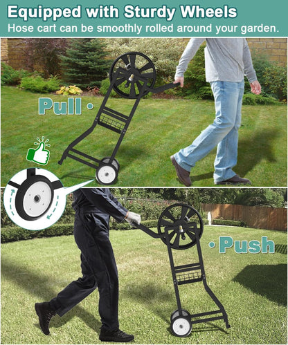 Garden Hose Reel Cart with Wheels, Outdoor Heavy Duty Powder Coated Steel Water Winder Storage Holds 125 ft 5/8" Hose with 3.9ft Leader Hose and Basket for Backyard, Yard, Lawn, Green