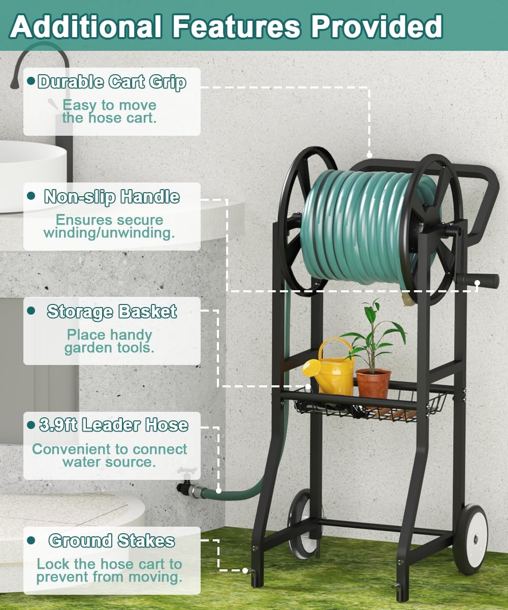 Garden Hose Reel Cart with Wheels, Outdoor Heavy Duty Powder Coated Steel Water Winder Storage Holds 125 ft 5/8" Hose with 3.9ft Leader Hose and Basket for Backyard, Yard, Lawn, Green