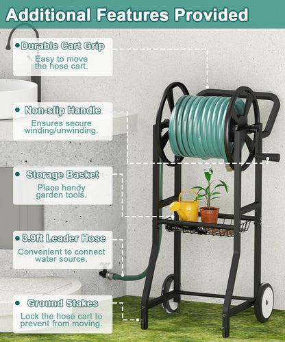 Garden Hose Reel Cart with Wheels, Outdoor Heavy Duty Powder Coated Steel Water Winder Storage Holds 125 ft 5/8" Hose with 3.9ft Leader Hose and Basket for Backyard, Yard, Lawn, Green
