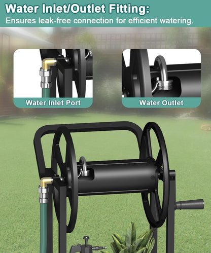 Garden Hose Reel Cart with Wheels, Outdoor Heavy Duty Powder Coated Steel Water Winder Storage Holds 125 ft 5/8" Hose with 3.9ft Leader Hose and Basket for Backyard, Yard, Lawn, Green