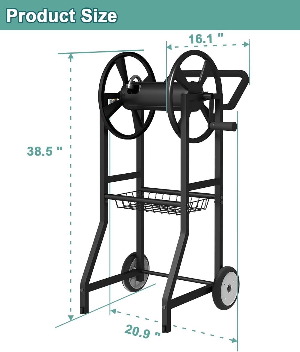 Garden Hose Reel Cart with Wheels, Outdoor Heavy Duty Powder Coated Steel Water Winder Storage Holds 125 ft 5/8" Hose with 3.9ft Leader Hose and Basket for Backyard, Yard, Lawn, Green