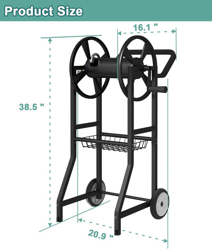 Garden Hose Reel Cart with Wheels, Outdoor Heavy Duty Powder Coated Steel Water Winder Storage Holds 125 ft 5/8" Hose with 3.9ft Leader Hose and Basket for Backyard, Yard, Lawn, Green