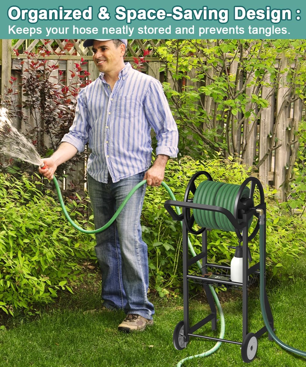 Garden Hose Reel Cart with Wheels, Outdoor Heavy Duty Powder Coated Steel Water Winder Storage Holds 125 ft 5/8" Hose with 3.9ft Leader Hose and Basket for Backyard, Yard, Lawn, Green