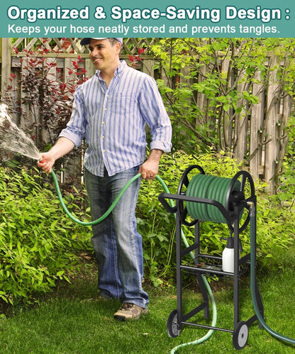 Garden Hose Reel Cart with Wheels, Outdoor Heavy Duty Powder Coated Steel Water Winder Storage Holds 125 ft 5/8" Hose with 3.9ft Leader Hose and Basket for Backyard, Yard, Lawn, Green