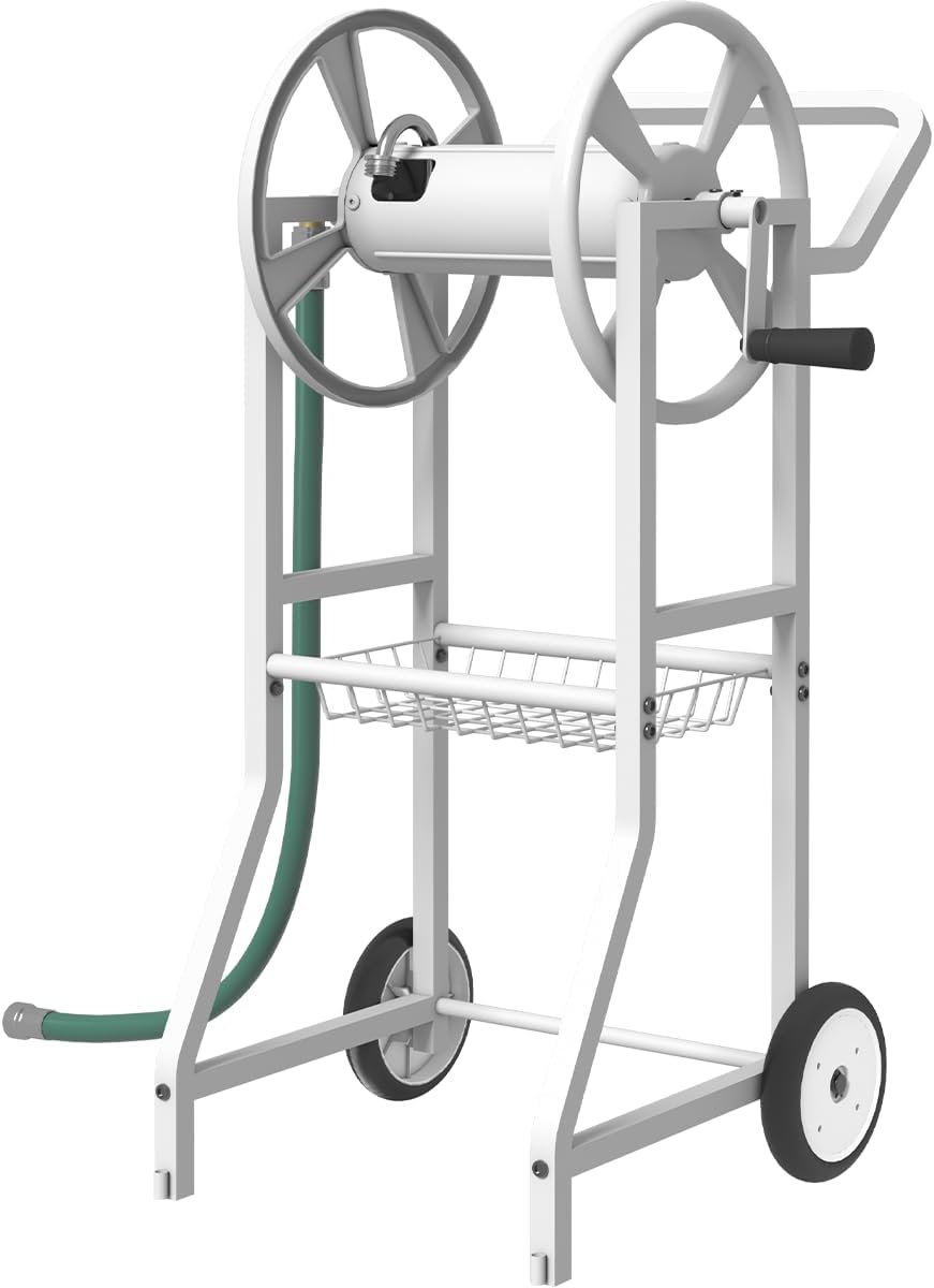Garden Hose Reel Cart with Wheels, Outdoor Heavy Duty Powder Coated Steel Water Winder Storage Holds 125 ft 5/8" Hose with 3.9ft Leader Hose and Basket for Backyard, Yard, Lawn, Green
