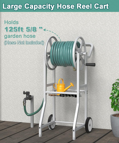 Garden Hose Reel Cart with Wheels, Outdoor Heavy Duty Powder Coated Steel Water Winder Storage Holds 125 ft 5/8" Hose with 3.9ft Leader Hose and Basket for Backyard, Yard, Lawn, Green