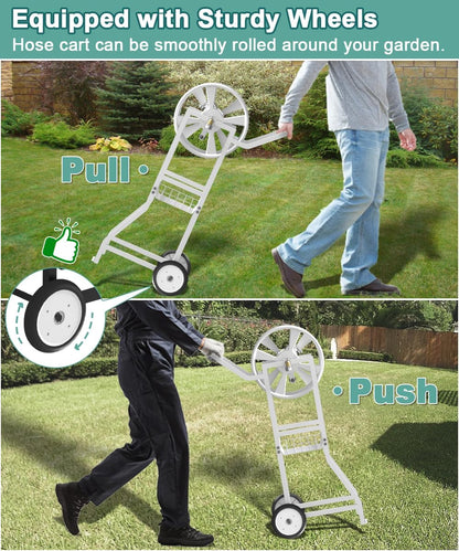 Garden Hose Reel Cart with Wheels, Outdoor Heavy Duty Powder Coated Steel Water Winder Storage Holds 125 ft 5/8" Hose with 3.9ft Leader Hose and Basket for Backyard, Yard, Lawn, Green