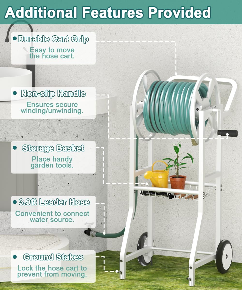 Garden Hose Reel Cart with Wheels, Outdoor Heavy Duty Powder Coated Steel Water Winder Storage Holds 125 ft 5/8" Hose with 3.9ft Leader Hose and Basket for Backyard, Yard, Lawn, Green