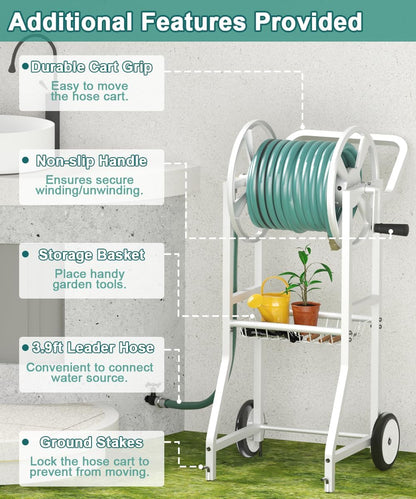 Garden Hose Reel Cart with Wheels, Outdoor Heavy Duty Powder Coated Steel Water Winder Storage Holds 125 ft 5/8" Hose with 3.9ft Leader Hose and Basket for Backyard, Yard, Lawn, Green