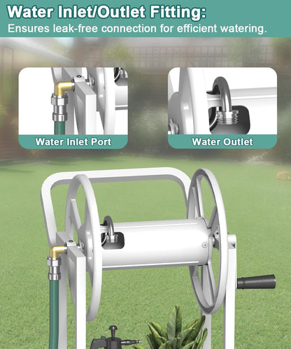 Garden Hose Reel Cart with Wheels, Outdoor Heavy Duty Powder Coated Steel Water Winder Storage Holds 125 ft 5/8" Hose with 3.9ft Leader Hose and Basket for Backyard, Yard, Lawn, Green