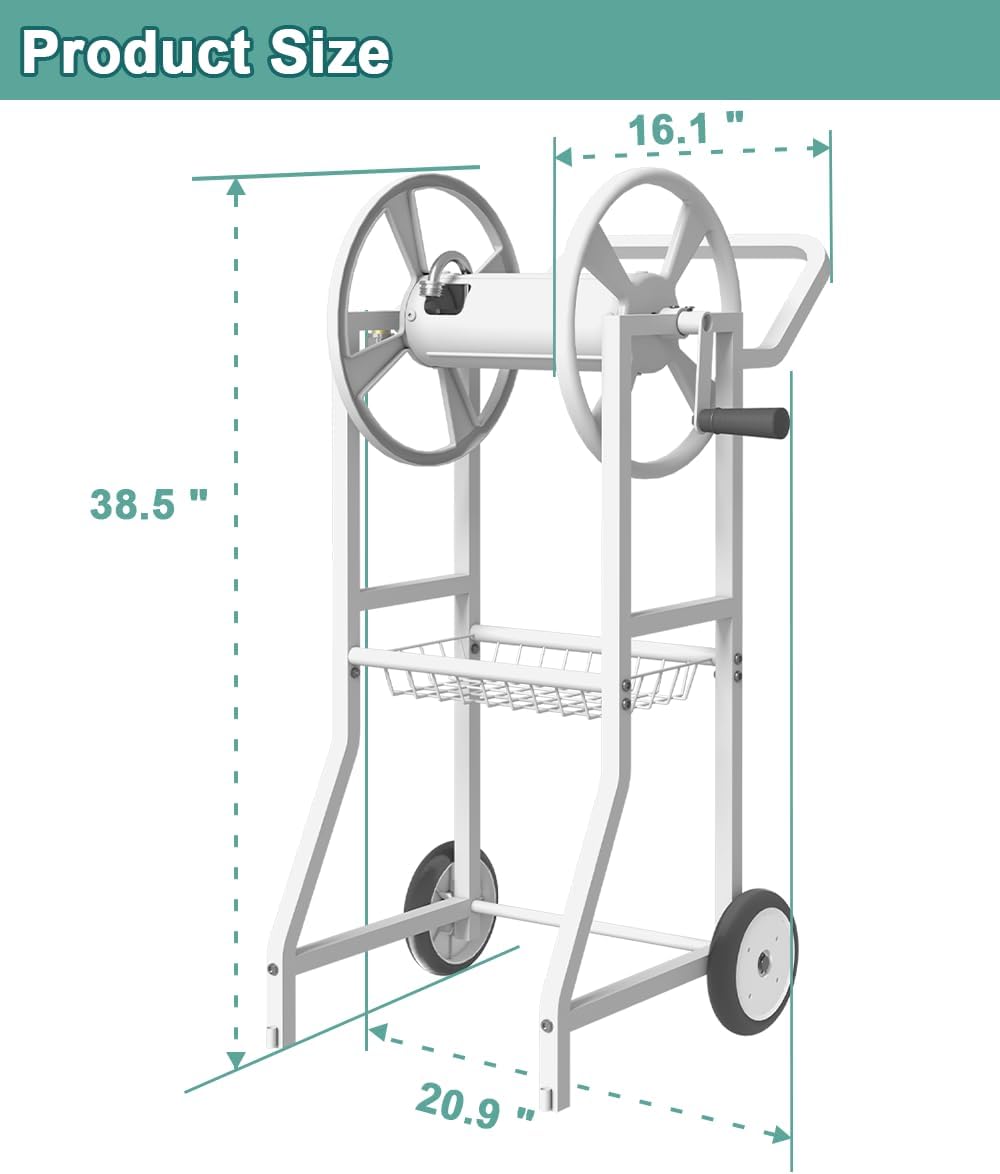 Garden Hose Reel Cart with Wheels, Outdoor Heavy Duty Powder Coated Steel Water Winder Storage Holds 125 ft 5/8" Hose with 3.9ft Leader Hose and Basket for Backyard, Yard, Lawn, Green