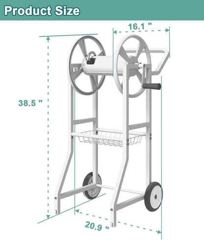 Garden Hose Reel Cart with Wheels, Outdoor Heavy Duty Powder Coated Steel Water Winder Storage Holds 125 ft 5/8" Hose with 3.9ft Leader Hose and Basket for Backyard, Yard, Lawn, Green
