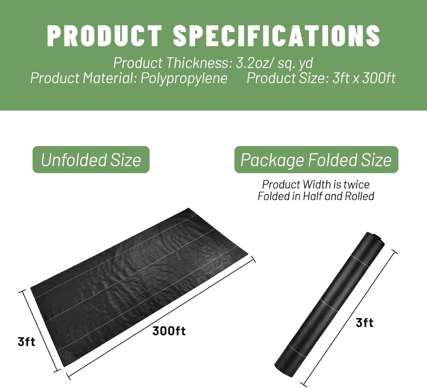 Weed Barrier Landscape Fabric 4FT x 100FT, 3.2oz, 2-Pack 4FTx50FT