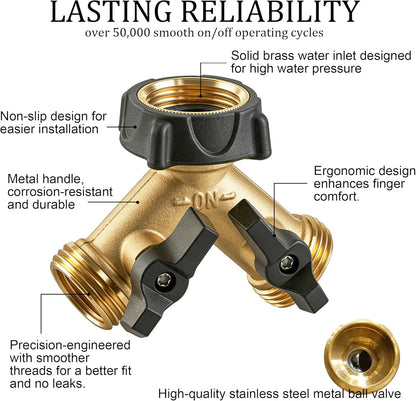 Brass Garden Hose Splitter 2 Way, 3/4 Inch Hose Connector Tap Splitter, Hose Y Splitter, Hose Spigot Adapter 2 Valves with Extra Rubber Washers