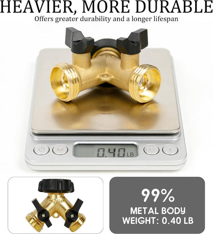 Brass Garden Hose Splitter 2 Way, 3/4 Inch Hose Connector Tap Splitter, Hose Y Splitter, Hose Spigot Adapter 2 Valves with Extra Rubber Washers