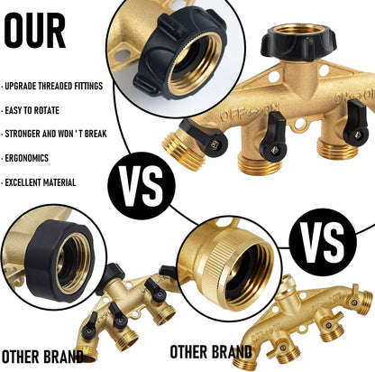 Brass Garden Hose Splitter 2 Way, 3/4 Inch Hose Connector Tap Splitter, Hose Y Splitter, Hose Spigot Adapter 2 Valves with Extra Rubber Washers
